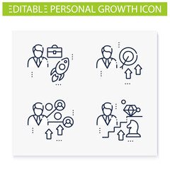 Personal growth line icons set. Consists of self knowledge, enhancing lifestyle, social relation, identifying potential. Isolated vector illustrations. Editable stroke