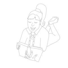 Girl reading a book lying on her stomach monochrome scetch art design element object isolated stock vector illustration for web, for print