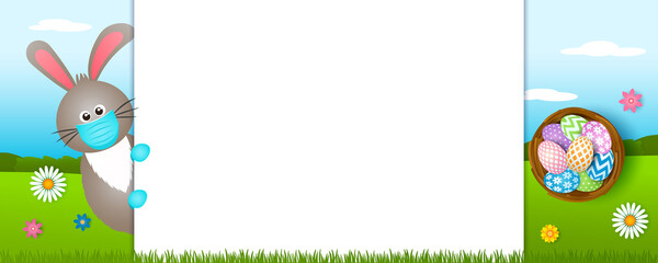 Easter bunny in a medical mask and medical gloves with Easter eggs outside in a cartoon style.