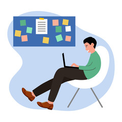 Young man working on laptop in flat design. Work at home using internet concept. 