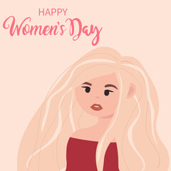 8 March, International Women's Day. Charming happy girl with long hair. Vector template with for card, poster, flyer and other users