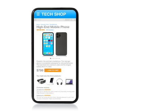 Tech products store showing modern mobile phone, mockup for online shopping website on phone.