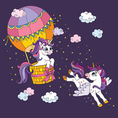 Colorful vector illustration cute unicorns flying in sky © alinart