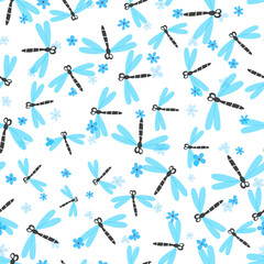 Seamless pattern with color dragonfly and flowers on white background. Romantic vector illustration. Adorable cartoon character. Template design for invitation, textile, fabric. Doodle style