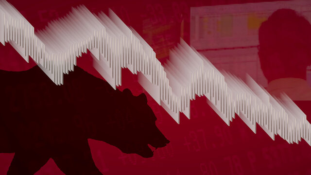 A white bar chart on a red background with a black silhouette of a bear looking down to the descending bar chart shows a downward price movement in the stock market.