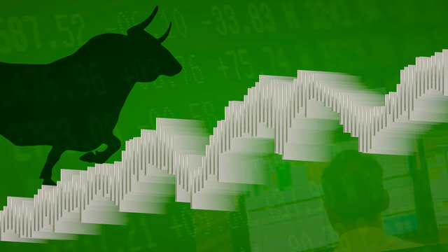 A white bar chart on a green background with a black silhouette of a bull with horns pointing up to the ascending bar chart shows an upward price movement in the stock market.