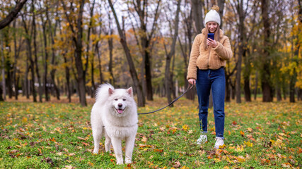 Naklejka na ściany i meble Woman with her dog in a park, autumn
