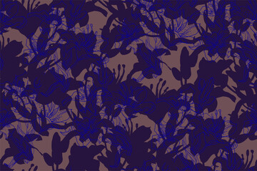 Mystical spotted seamless pattern with indigo silhouettes and outline Lily flowers drawn by hand. Home textile, wallpaper, fabric, bedding, package, poster.