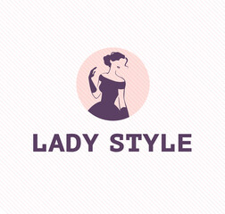 Lady style emblem design template isolated on light background. Stylish lady in evening dress and gloves icon concept. For logo, branding, advertisement, shop insignia. Vector flat illustration.