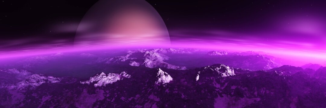 Beautiful alien landscape, panorama of another planet at sunset, 3D rendering