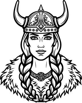 Portrait of the beautiful young woman Valkyrie. Pagan goddess, mythical character. Linear black the white drawing. Vector illustration isolated on a white background.