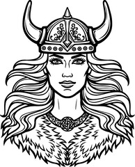 Portrait of the beautiful young woman Valkyrie in a  horned helmet. Pagan goddess, mythical character. Vector illustration isolated on a white background. Print, poster, t-shirt, card. 