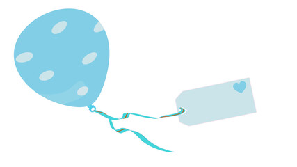 Der hellblaue Ballon mit Kärtchen fliegt. Ein Glückwunsch zur Geburt eines Jungen. Freisteller