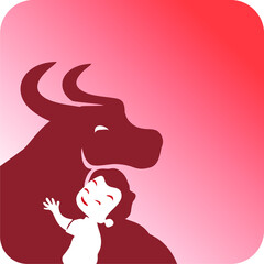 illustration of child hugging ox
for celebrating chinese new year,
Chinese new year 2021 year of the ox - Chinese zodiac symbol