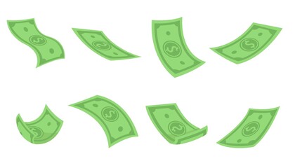 Green flying dollars flat set for web design. Cartoon falling money pack isolated on white background vector illustration collection. Currency, investment and wealth concept © Bro Vector