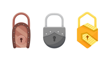 Padlocks. Flat padlock icons for protection privacy, web and mobile apps. Cartoon closed locks. Design template of golden, steel and bronze locks