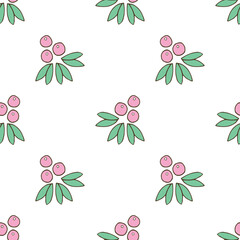 Seamless Pattern with Pink Berries and Green Leaves on White Background