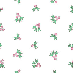 Seamless Pattern with Pink Berries and Green Leaves on White Background
