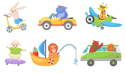 Obraz na płótnie Canvas Funny animals on transport flat mascots set for web design. Cartoon cute driver characters on boat, car, and bike isolated vector illustration collection. Animals and transportation concept