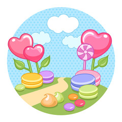 Landscape with sugar heart candies, macaroons, lollipops, bonbons and sweets in a round frame. Vector illustration.