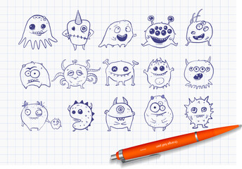 Collection of blue pen sketch cute doodle monsters on lined paper background. Germ doodles.