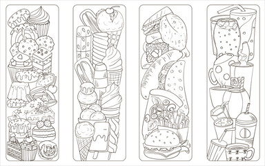 Set of four bookmarks with black and white doodle art with food: sweets, cakes, snacks, drinks, icecream.