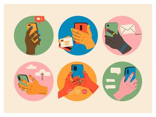 Smartphone in hand. Set of vector concept icons of social networks and communications. Various hands holding smartphones. Video call, text chat, payment, email, upload to the cloud, likes.
