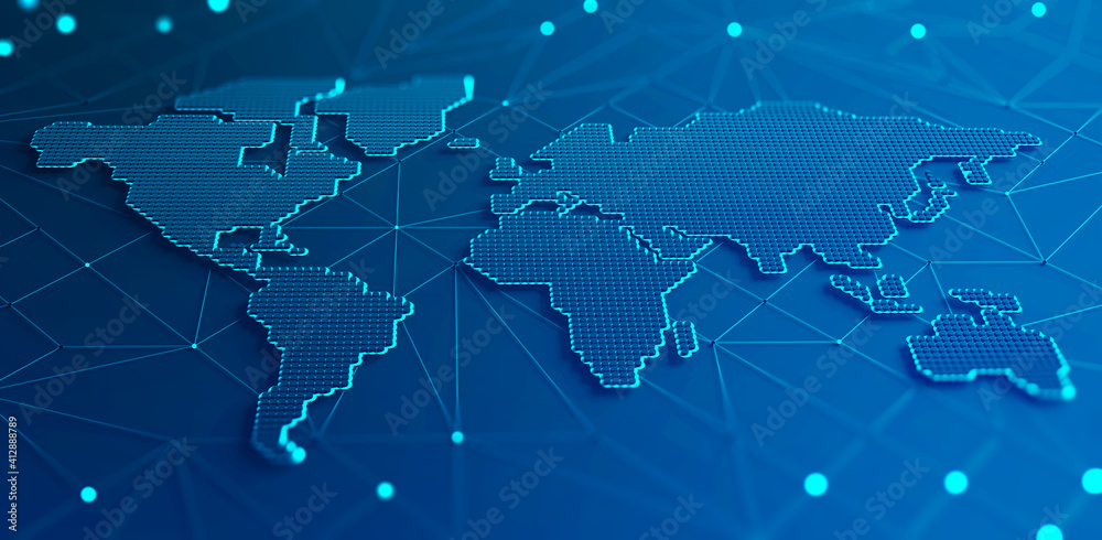 Fototapete Abstract map of continents. Globalization and geopolitics in high-tech world of future. 3D illustration of communications and data exchange in a virtual network. Bright, juicy, neon colors
