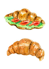 Watercolor sketch for breakfast in a cafe and restaurant menu, croissant with salmon on isolated white background