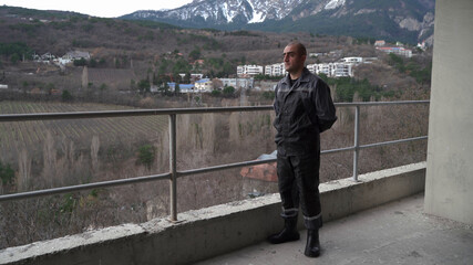 Portrait of male worker of Caucasian nationality close-up.