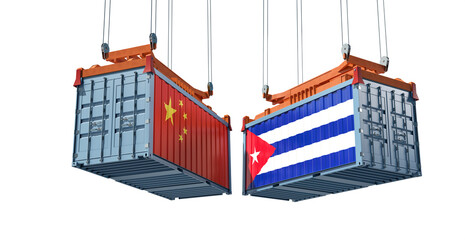 Freight containers with China and Cuba flag. Isolated on white. 3D Rendering 
