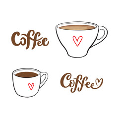 Minimalist illustration of coffee mugs with handwritten lettering words. Hot beverage simple design for menu, banner, advert, print. Vector art elements isolated on white background. 
