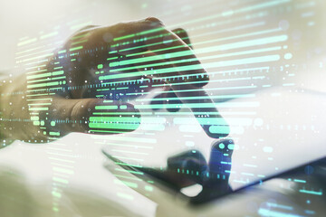 Abstract creative digital world map and finger clicks on a digital tablet background, globalization concept. Multiexposure