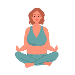 Happy Young pregnant woman in lotus pose doing yoga at home. Prenatal sport exercise, aerobic activity, meditation, relax. Happy motherhood healthy lifestyle, sportswear
