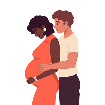 Young couple expecting baby. Happy family. Pregnant woman with a big belly and her husband hug together. Future parents, pregnancy, motherhood, parenthood concept. Multiethnic, multiracial couple