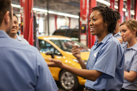 Team of mechanics working on a car discuss a problem in an auto repair shop