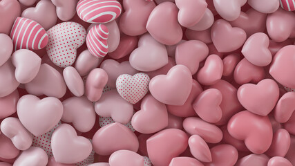 Multicolored Heart background. Valentine Wallpaper with Pink, Polka Dot and Striped love hearts. 3D Render 