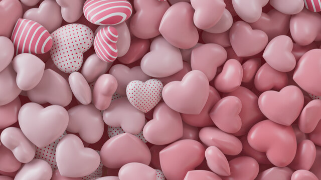 Multicolored Heart background. Valentine Wallpaper with Pink, Polka Dot and Striped love hearts. 3D Render 