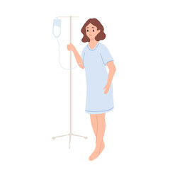 Female patient with dropper at hospital. Woman standing with intravenous dropper line. Flat vector illustration isolated. Vitamins dripping, Iv therapy, cancer disease, oncology. Health care recovery