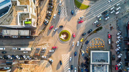 Aerial drone view of roundabout intersection in Chisinau, Moldova