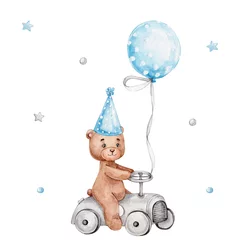  Cute teddy bear on car and blue balloon  watercolor hand drawn illustration  can be used for baby shower or cards  with white isolated background © Нина Новикова
