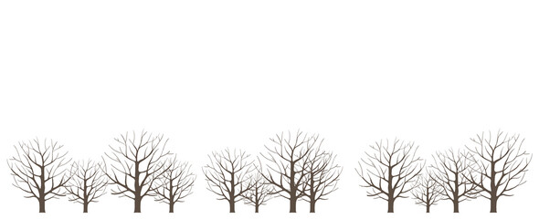 Trees in a dry winter forest. Without leaves. Horizontal landscape. Vector illustration. Copy space.