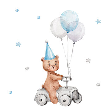 Naklejka Cute teddy bear boy on a car and blue balloons  watercolor hand drawn illustration  can be used for baby shower or cards  with white isolated background