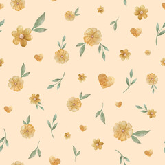 Easter seamless pattern. Watercolor pattern with yellow flowers end hearts.