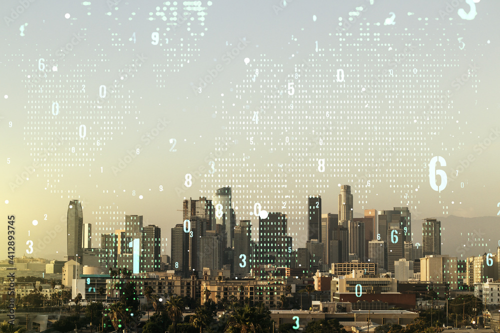Poster multi exposure of abstract programming language hologram and world map on los angeles office buildin