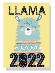 Cute monthly calendar of 2022 with a llama, cactus, inscriptions in the Scandinavian children's style.