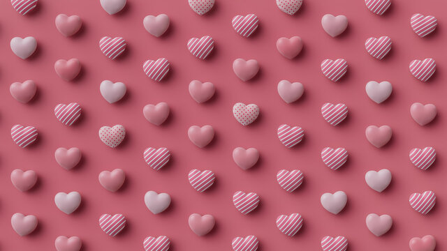 Multicolored Heart background. Valentine Wallpaper with Pink, Polka Dot and Striped love hearts. 3D Render 