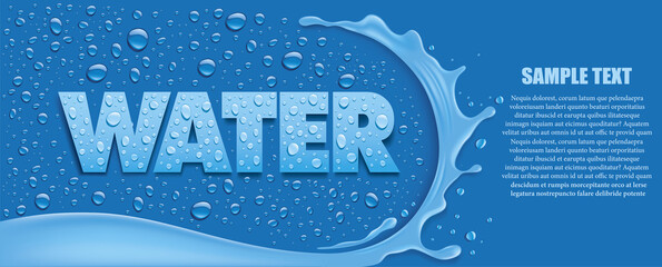 blue background with water splash and many fresh water drops.Place for your text - 412894359