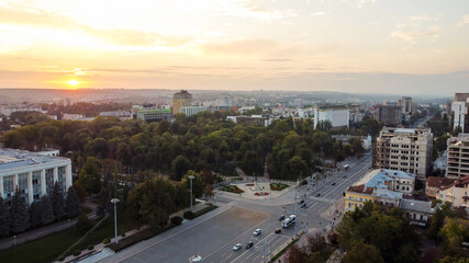 Aerial drone view of Chisinau at sunset, Moldova