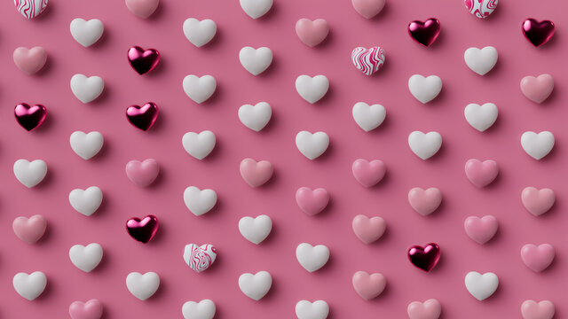 Multicolored Heart background. Valentine Wallpaper with Pink, White and Metallic love hearts. 3D Render 